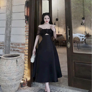 Đầm thời trang nữ dự tiệc sang trọng chất tapta không cổ trễ vai lưới có mút phối hoa dáng váy dài chữ A maxi