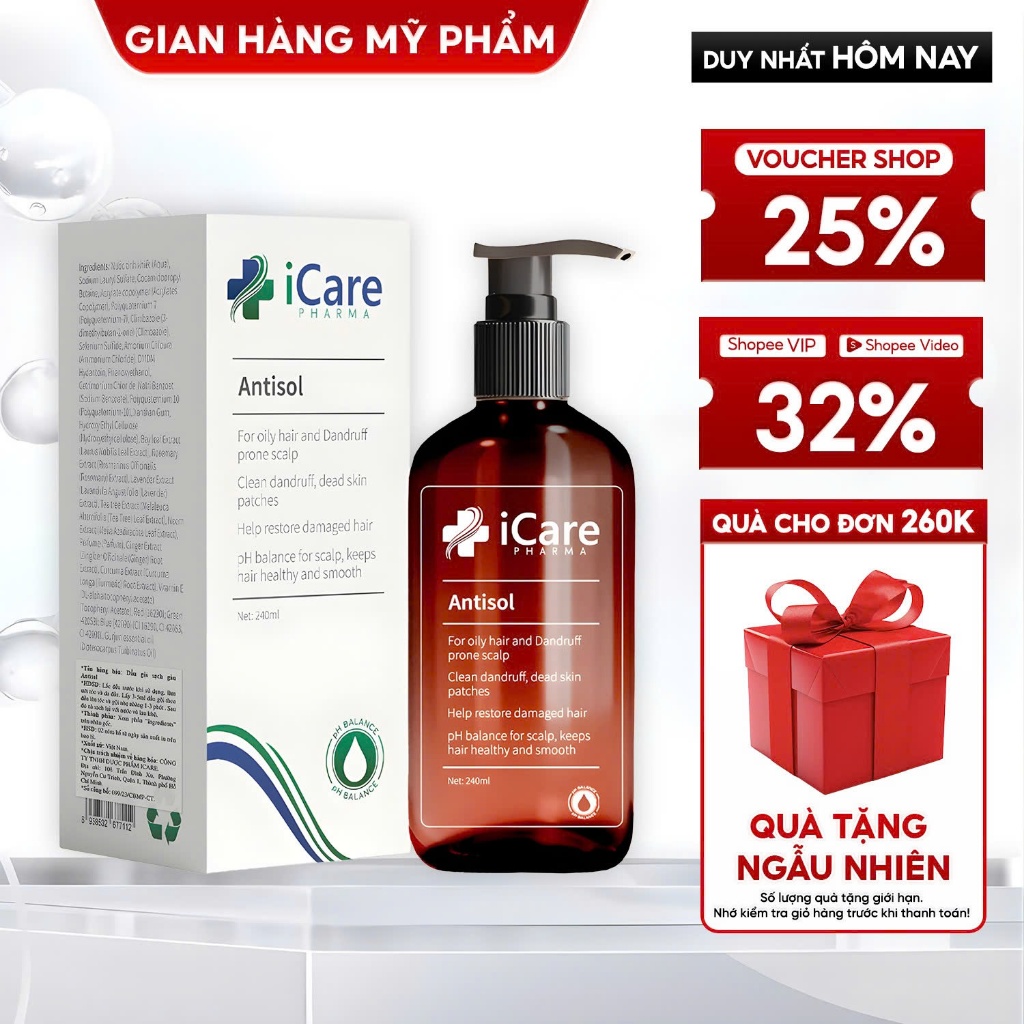 Dầu Gội Sạch Gàu iCare Pharma Antisol Dược Liệu PH 6.5 Giúp Làm Sạch Gàu Giảm Ngứa 240ml