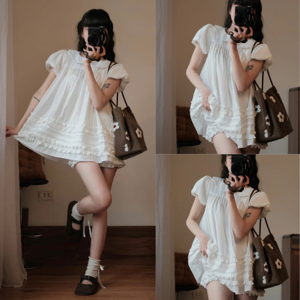 (Sẵn, Hàng L1) Sét Áo Váy Babydoll Cổ Sen 2 Lớp Form Rộng Gấu Viền Bèo Kèm Quần Bí Phồng Bo Chun Bun222 | BigBuy360 - bigbuy360.vn