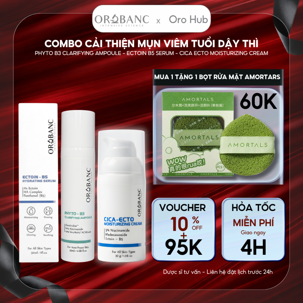 Combo Orobanc Cải Thiện Mụn, Phục Hồi Da Nhạy Cảm - Phyto B3 Acne Ampoule + Ectoin B5 Serum + Cica B