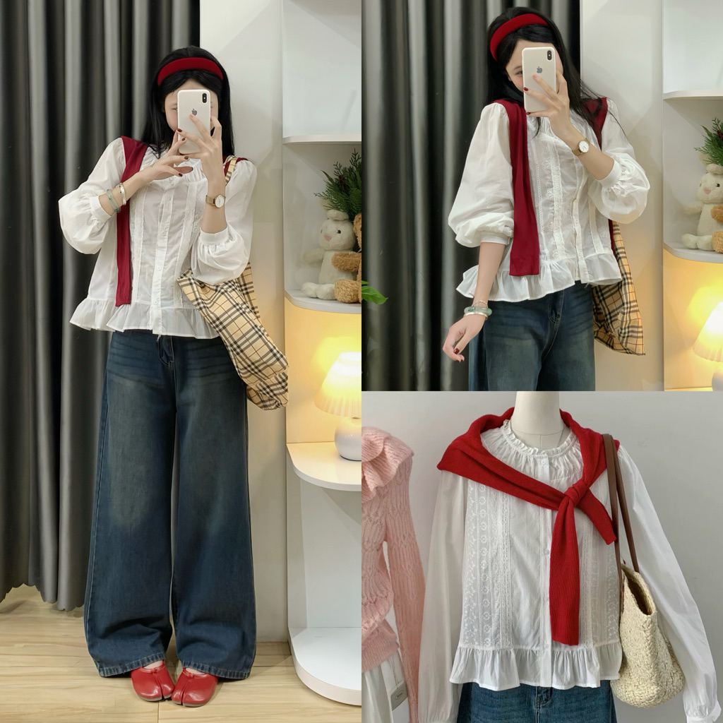 | Hta.boutique | Áo sơ mi trắng form rộng cổ trụ nhún tay bồng viền bèo vải thô thêu hoa