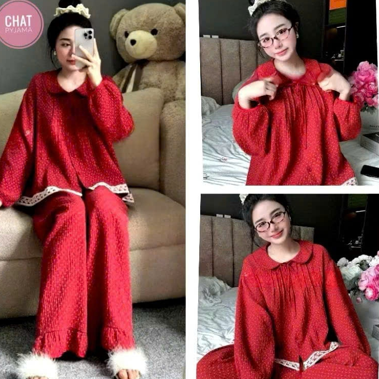 ￼SÉT BỘ  PYJAMA ĐỎ CỔ SEN IN HOA XINH IU CHAT TN009