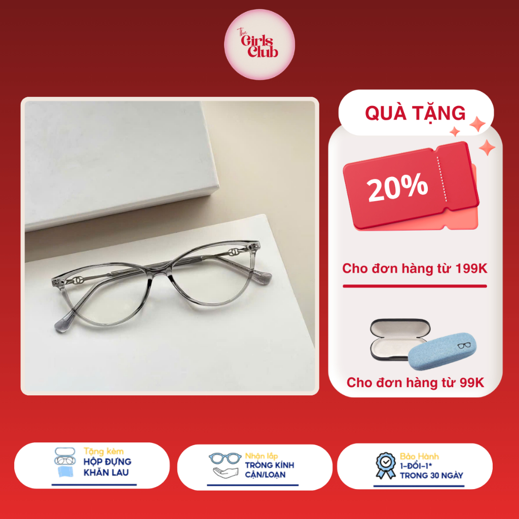 Kính Cận Nữ Gọng Trong Suốt Form Mắt Mèo Thời Trang The Girls Club GC01 Nhẹ Êm 52-17-145