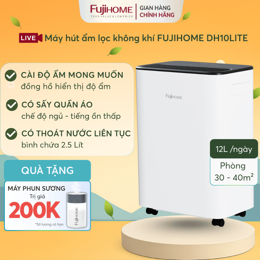Máy hút ẩm gia đình 12L chống nồm ẩm Nhập Khẩu FUJIHOME DH12LITE nhỏ gọn chạy êm tiết kiệm điện