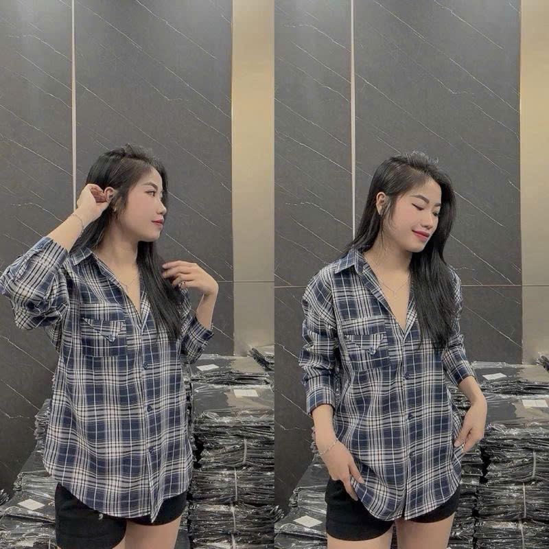 Áo Sơ Mi Nữ Tay Dài Sọc Caro Fom Rộng FRM