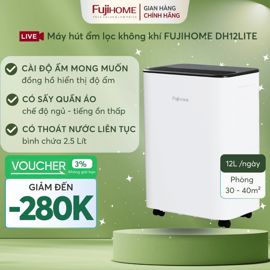 Máy hút ẩm mini 12L chống ẩm mốc hiệu quả, Nhập Khẩu FUJIHOME DH12LITE tiết kiệm điện êm ái