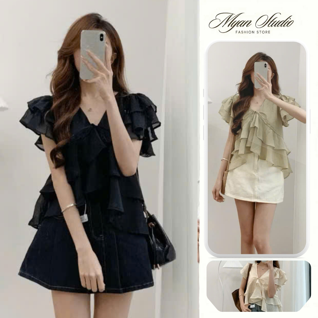 Áo kiểu tơ mềm cổ V đính nơ cực xinh cho các nàng tiểu thư, 3 màu siu hot_Myan store