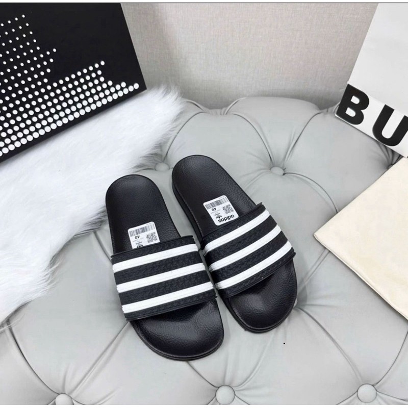 Dép Quai Ngang ADIDAS 3 Sọc Trắng Đen Nam Nữ Đế Cao Su Đúc