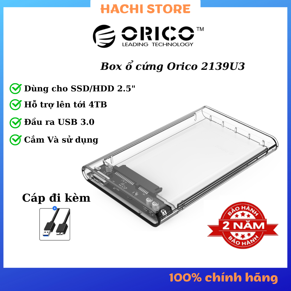 box ssd ORICO 2139U3 hỗ trợ hdd/ssd 2.5'' ra cổng  giao tiếp USB 3.0 cáp đi kèm - Hàng Chính Hãng
