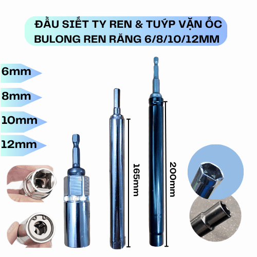 Đầu siết ty & tuýp siết tán ốc ty ren 6 8 10 12mm, chuyên nghiệp thợ thạch cao, điều hòa, PCCC