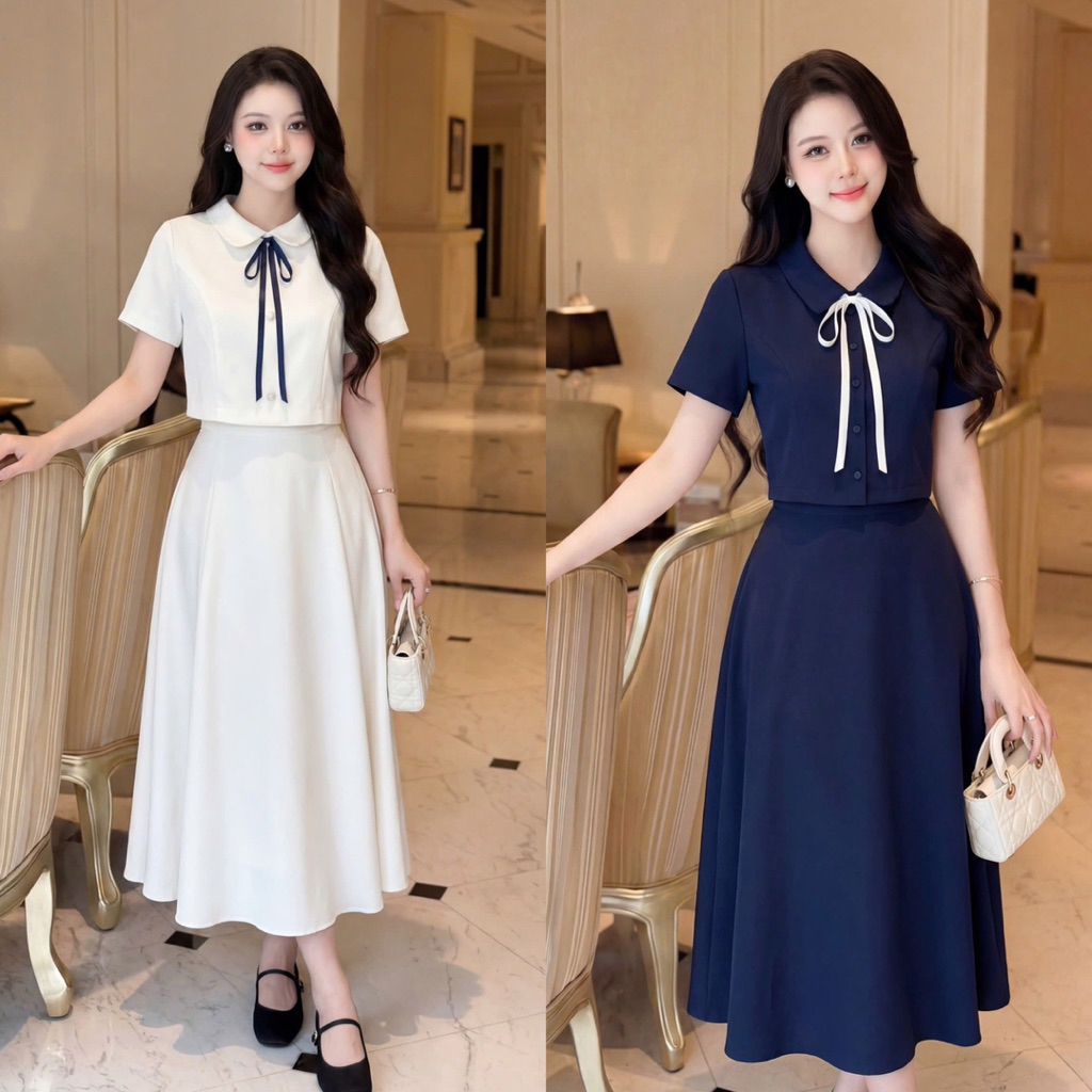 HD Store- Set váy tiểu thư chân váy xoè dài cổ sen