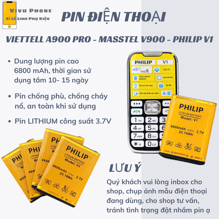 Pin Điện Thoại Vietell A900 Pro, PhiLip V1, Masstel V900, Dung Lượng Cao 6800 mAh, Lỗi 1 Đổi 1