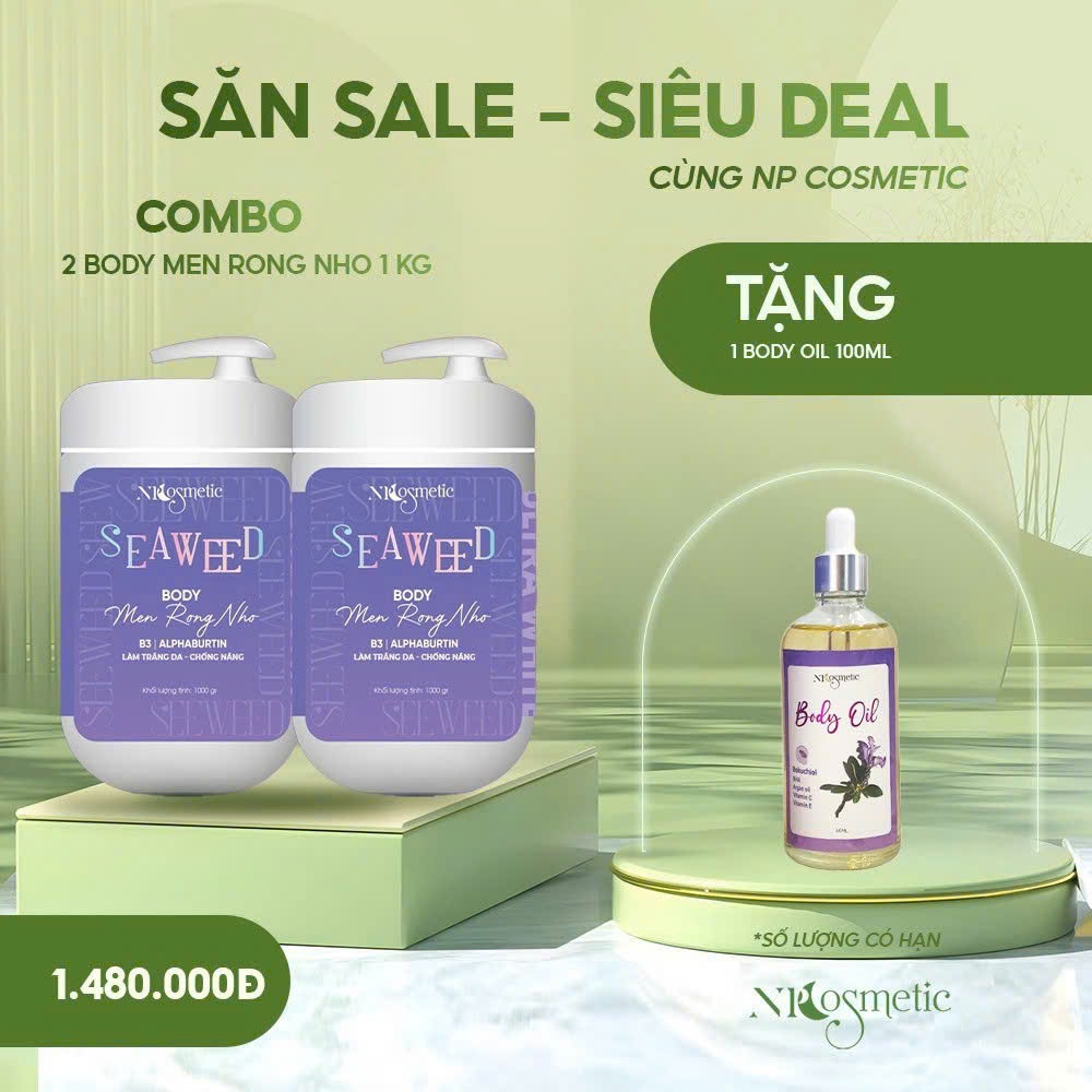 (Tặng Body Oil ) Combo 2H Kem Body Seaweed Men Rong Nho Size 1Kg, Dưỡng Trắng, Nâng Tone, Makeup