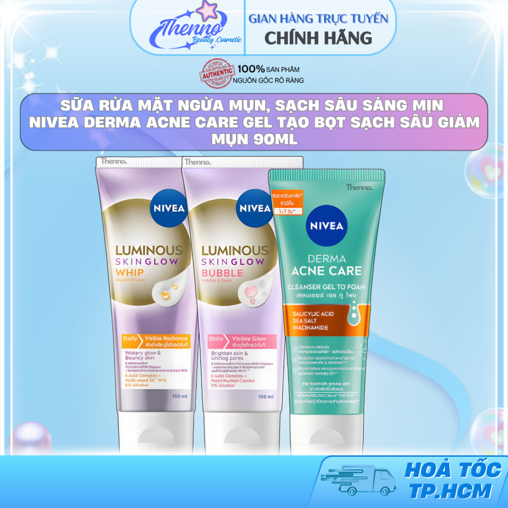 Sữa Rửa Mặt Ngừa Mụn, Sạch Sâu Sáng Mịn Nivea Derma Acne Care Gel Tạo Bọt Sạch Sâu Giảm Mụn 90ml
