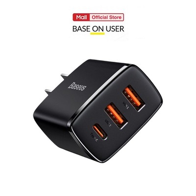 Củ sạc nhanh PD30W Baseus Compact Quick Charger 2 cổng USB/1 cổng Type-C, chân dẹt (ĐEN)