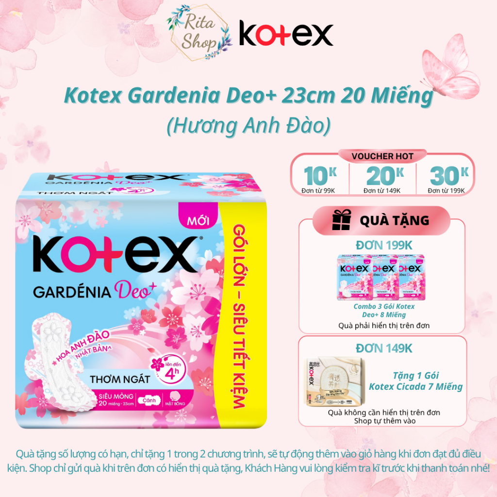 Băng Vệ Sinh Kotex Gardenia Deo+ - Hoa Anh Đào Siêu Mỏng Cánh 23cm 20 Miếng