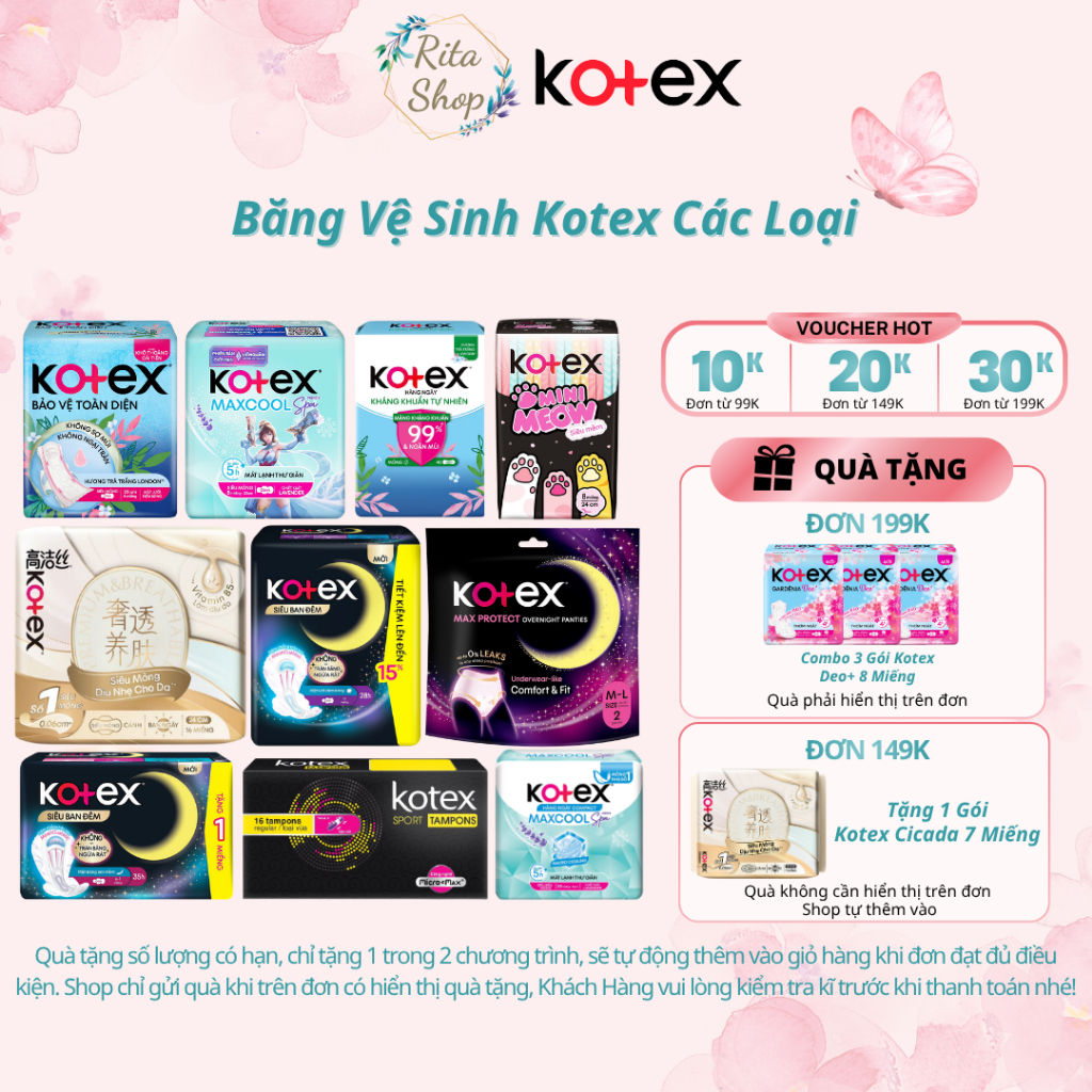 BĂNG VỆ SINH KOTEX SIÊU MỎNG KHÔ THOÁNG BẢO VỆ / MINIMEOW / HÀNG NGÀY KHÁNG KHUẨN / BAN ĐÊM DẠNG QUẦ