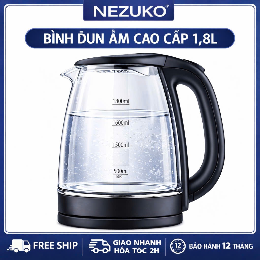 Ấm đun siêu tốc THỦY TINH, Bình đun nước thủy tinh siêu tốc Vicente 2.0L - Bảo Hành 1 Năm