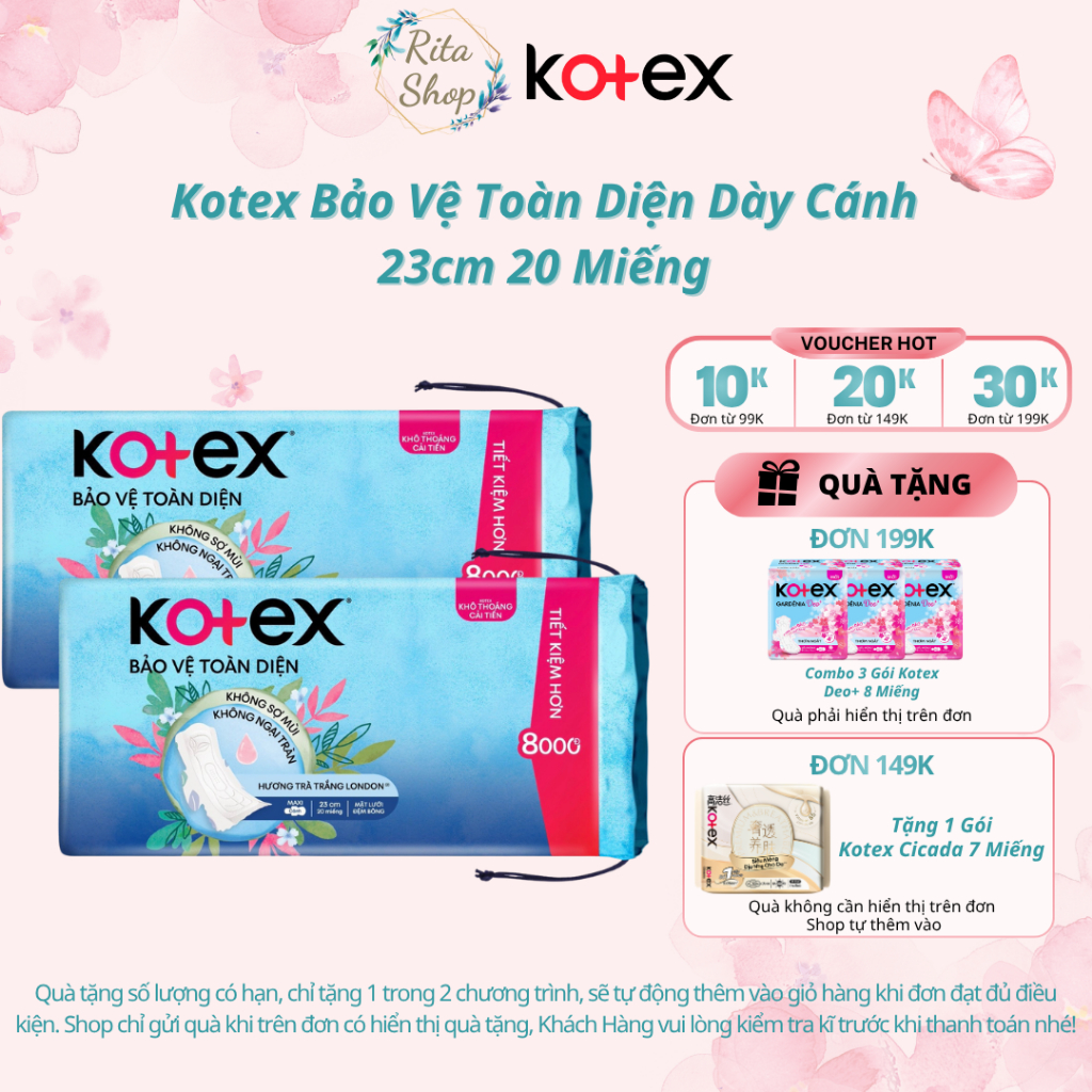 [BVS DÀY CÁNH] Băng Vệ Sinh Kotex Bảo Vệ Toàn Diện Dày Có Cánh 23cm 20 miếng - Hương Trà Trắng Londo