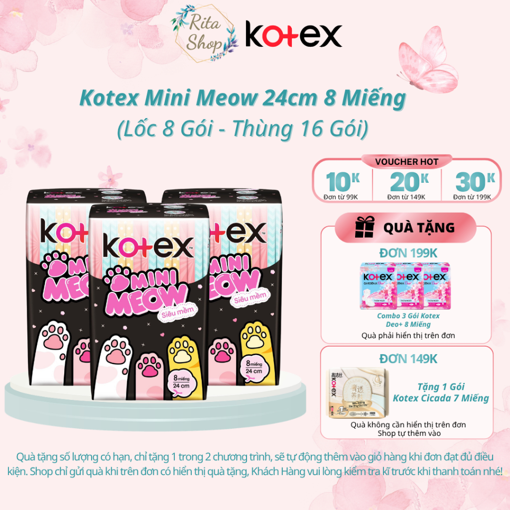 [LỐC 8 GÓI] Băng Vệ Sinh Kotex MiniMeow - Siêu Mỏng cánh 24cm 8 miếng