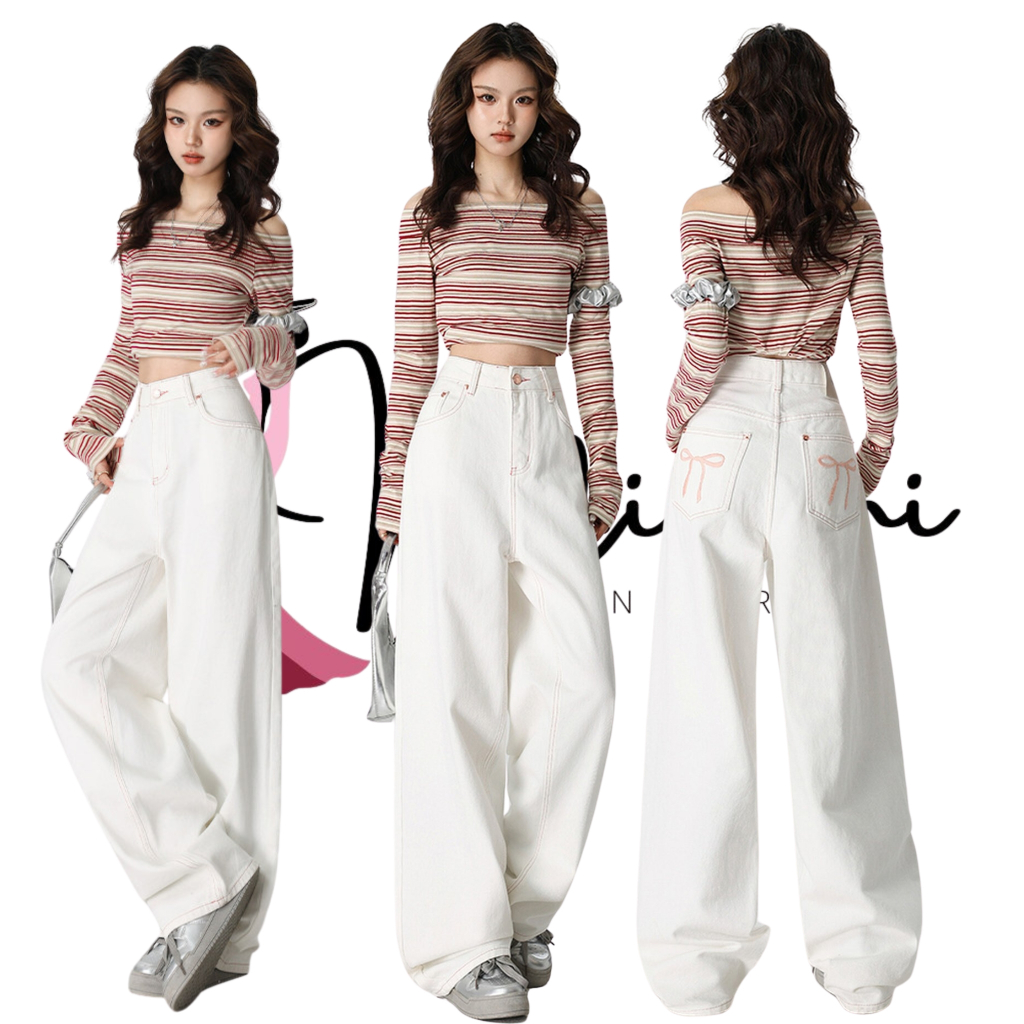 [NẤM] - Quần suông TRẮNG jean denim nữ cạp cao lưng cao thêu nơ túi hậu MISUMI QDJ03