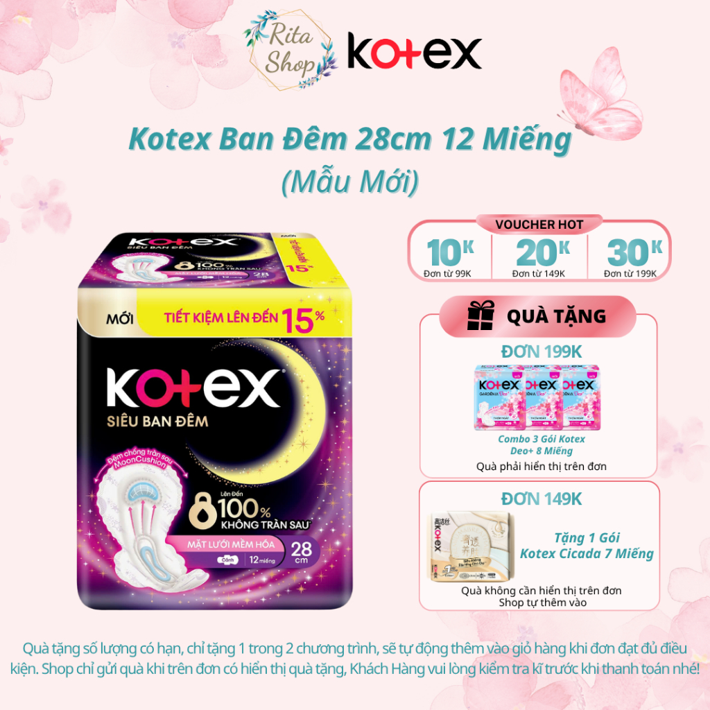 Băng Vệ Sinh Ban Đêm Kotex Siêu Ban Đêm 28cm 12 Miếng