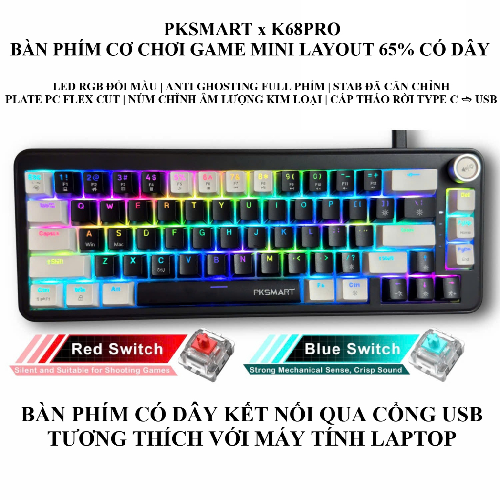 PKSMART x K68 PRO | Bàn Phím Cơ Mini Gaming Có Dây | LED Nền Viền RGB Đổi Màu | Anti Ghosting | Dùng