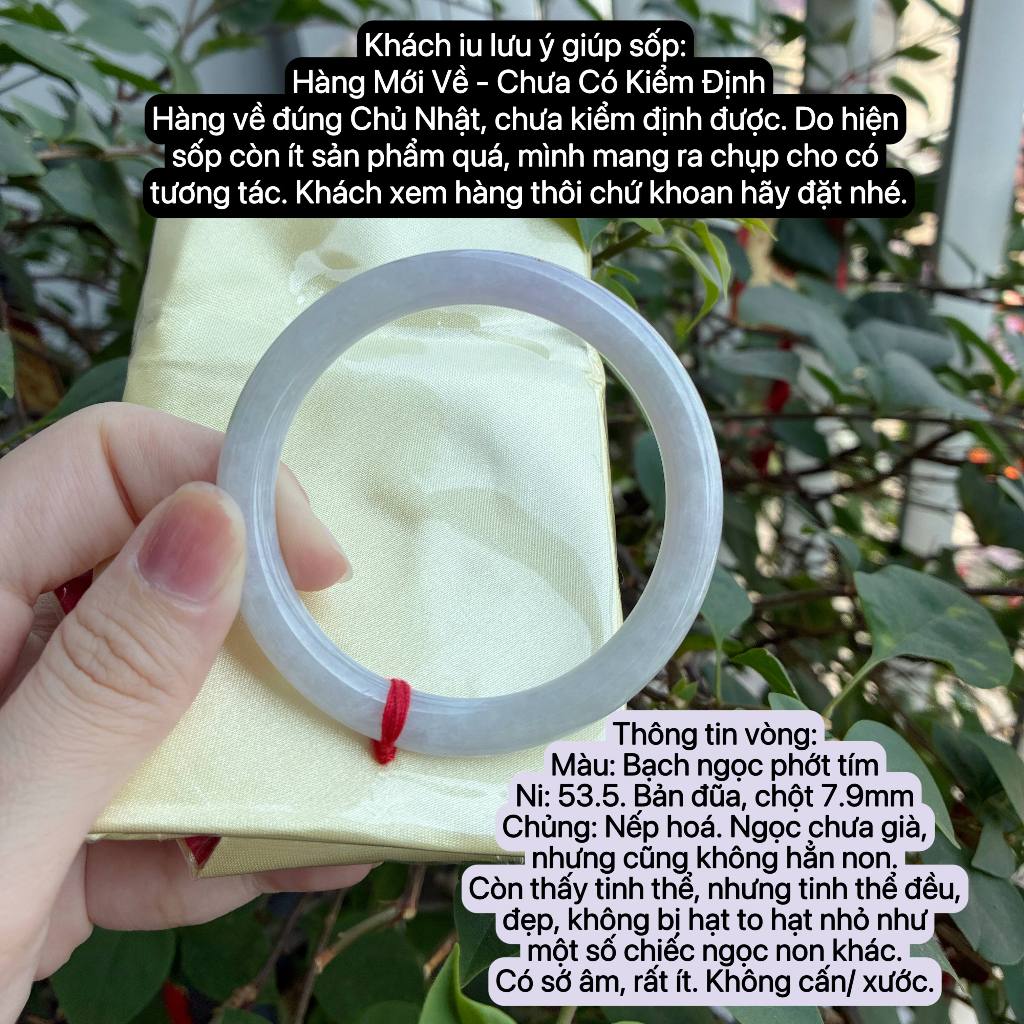 [Ni 53] Vòng phỉ thúy cẩm thạch Bạch ngọc phớt tím - Hàng đặt trước - Chờ KĐ - Nguyên Ngọc Jade