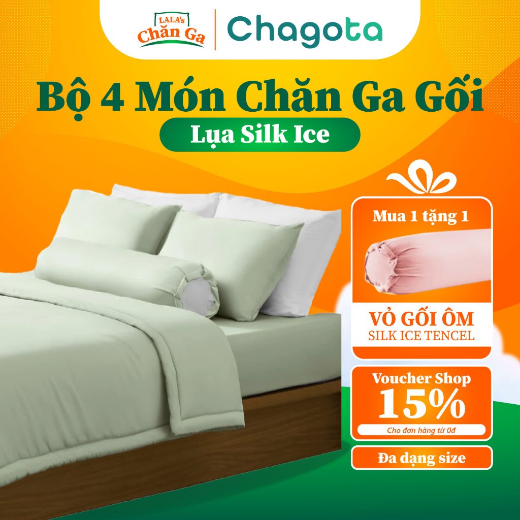 Bộ 4 Món Chăn Ga Gối Lụa Silk Ice LALA BEDDING, Bề Mặt Mềm Mịn, Mát Lạnh Tức Thì, Kháng Khuẩn Tốt 1m