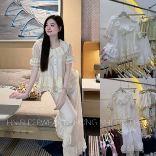 [SẴN] Bộ ngủ thô đũi tay chun áo ren tầng mềm mịn, thoải mái. Set cộc tay mặc nhà đi chơi, du lịch sang trọng. M041302