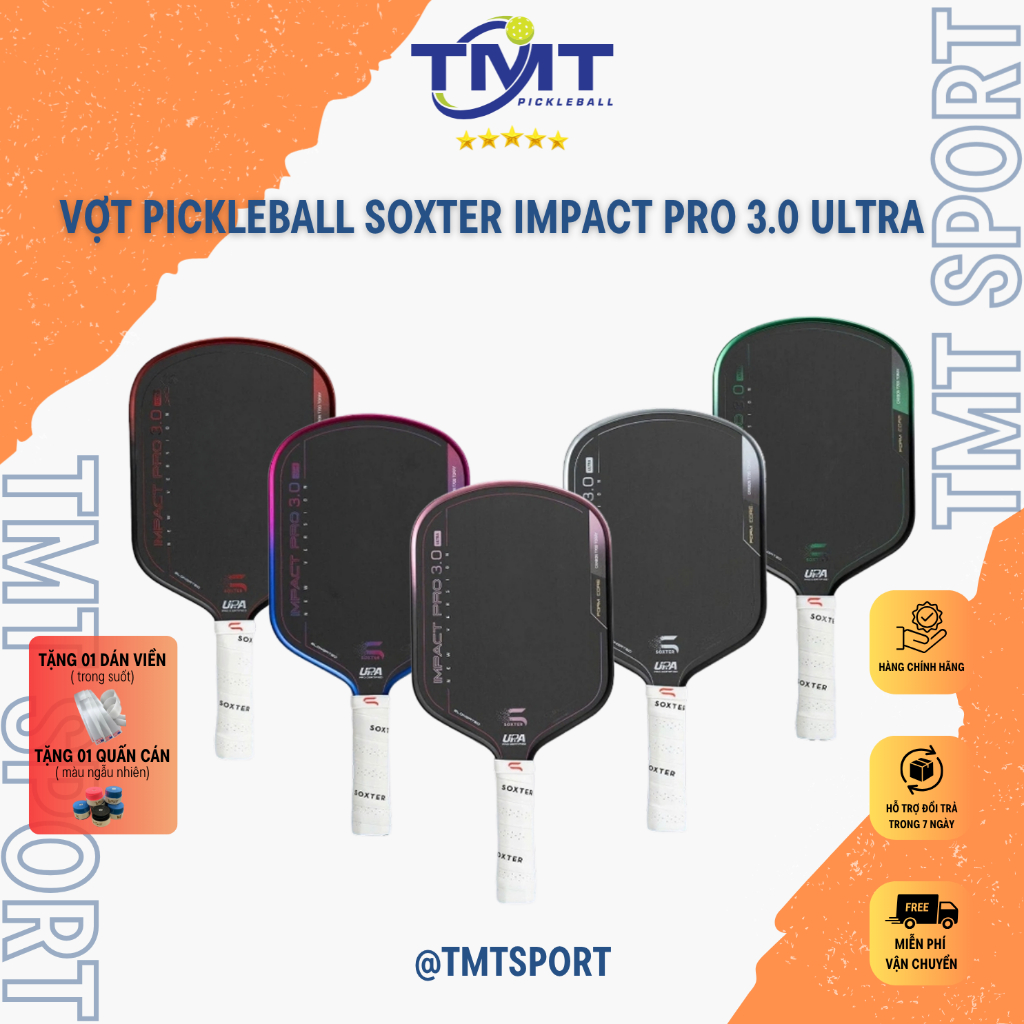 Vợt Pickleball Soxter Impact Pro 3.0 Ultra Lõi Foam 16mm trợ lực tốt, mặt carbon t700 siêu nhám,...