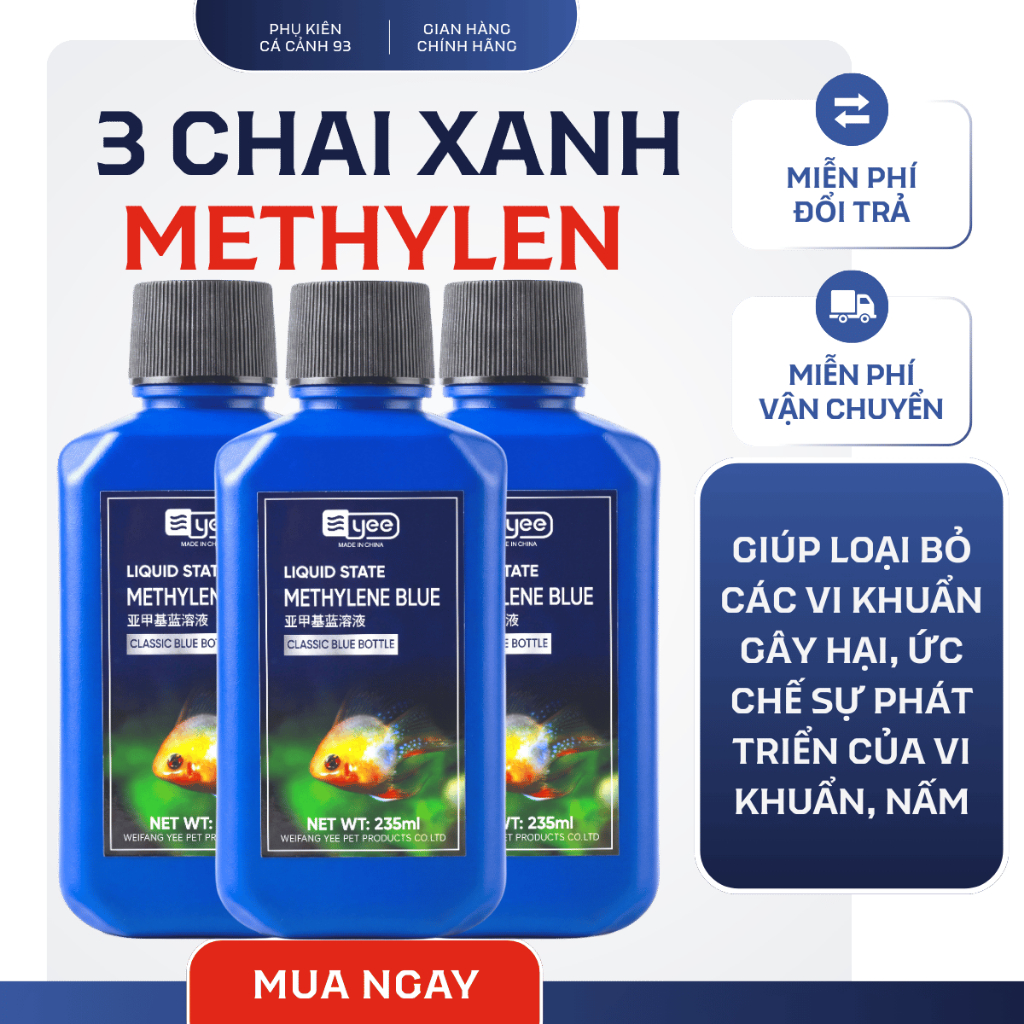 Combo 3 Chai Methylene Blue (Yee)  - khử trùng, phòng và đặc trị các bệnh ngoài da cho hồ cá thuỷ si