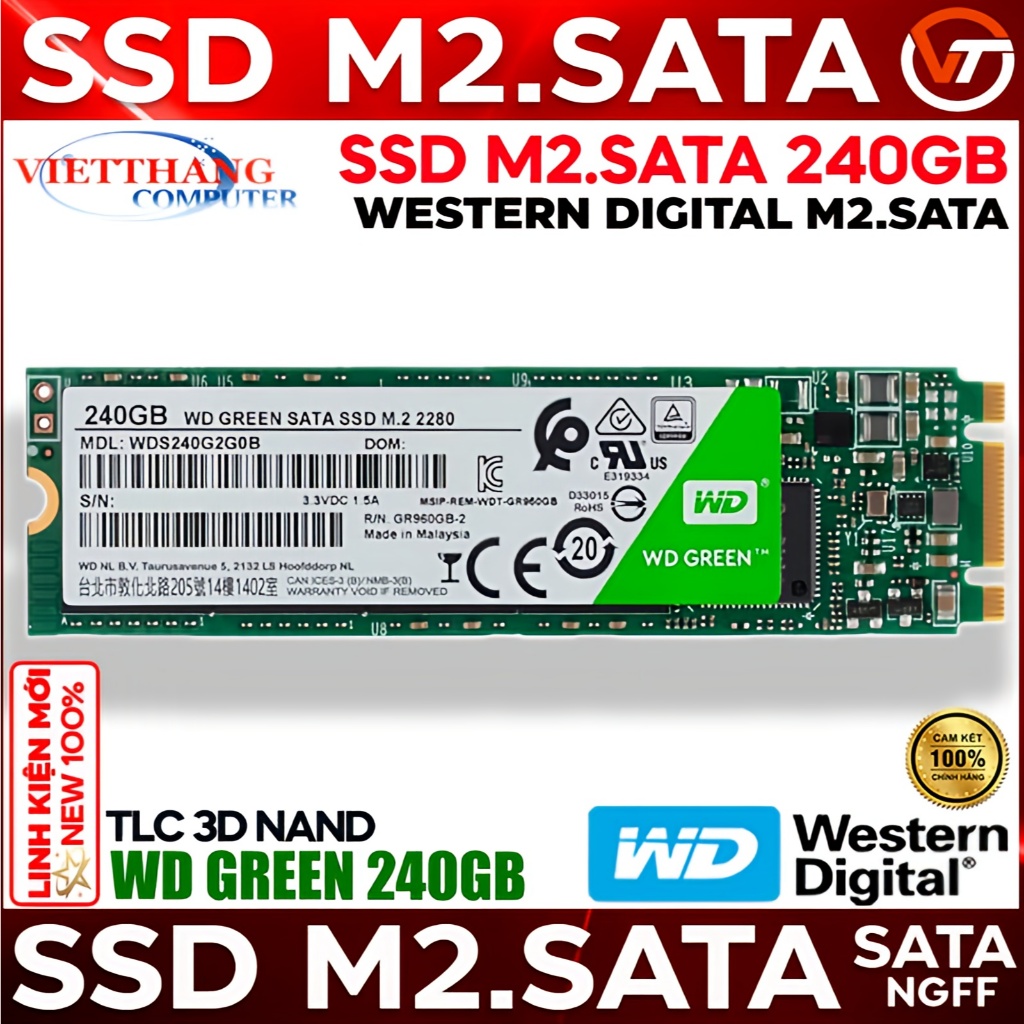 Ổ cứng SSD Western Digital WD Green 240GB M2.SATA NGFF Chính hãng New 100% Fullbox  BH 3 Tháng