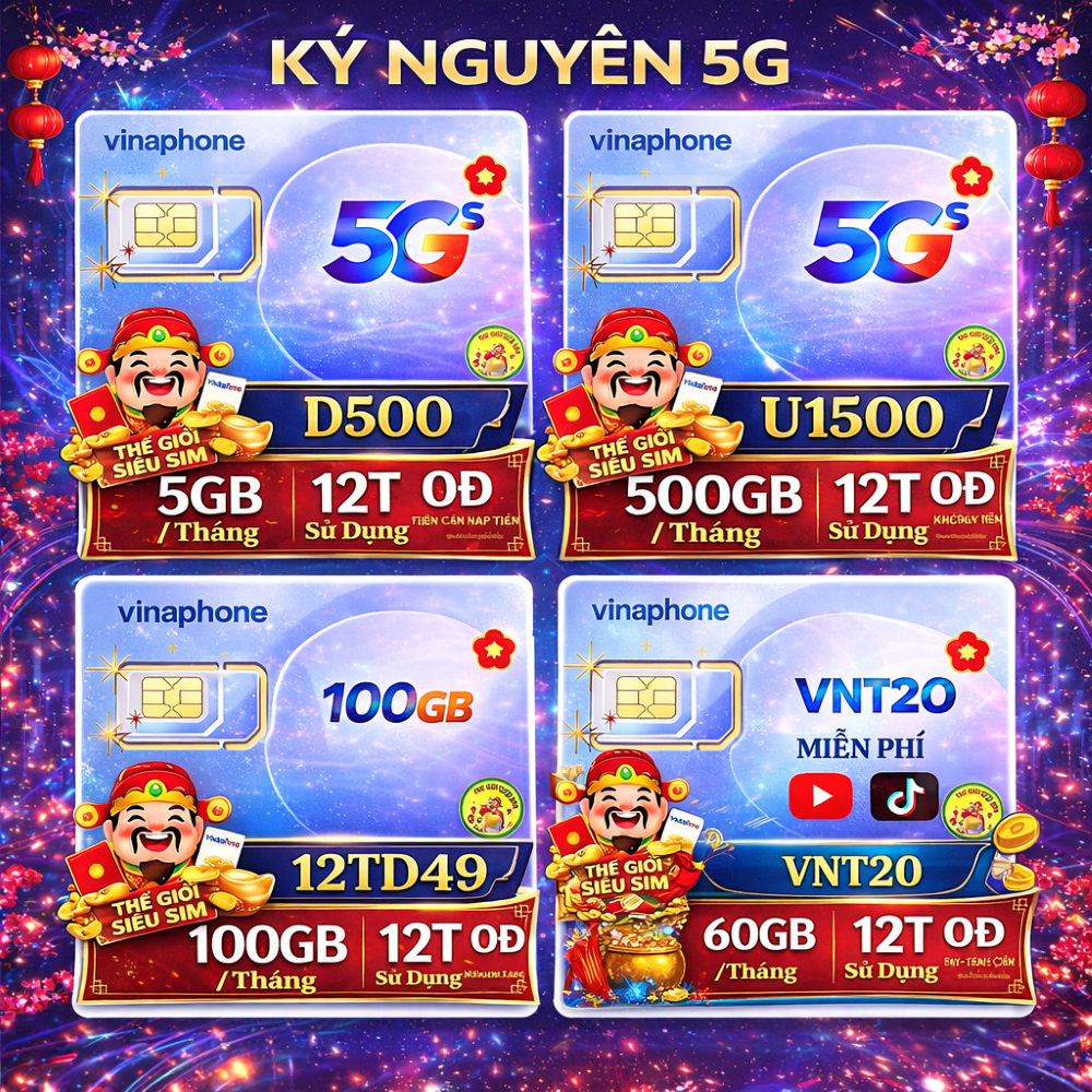 [Data 1 năm] Sim 4G 5G VInaphone: D500 - 12FCLUB - U1500 - Vn720 trọn gói dùng miễn phí 1 năm