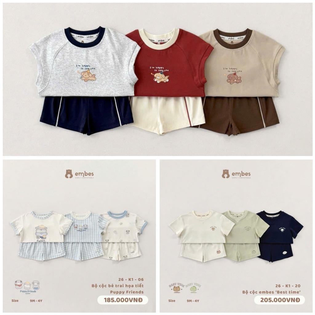 [EMBES] Bộ cộc tay chất cotton tăm lạnh mềm mại, co giãn, thoáng mát cho bé 6 tháng đến 4 tuổi