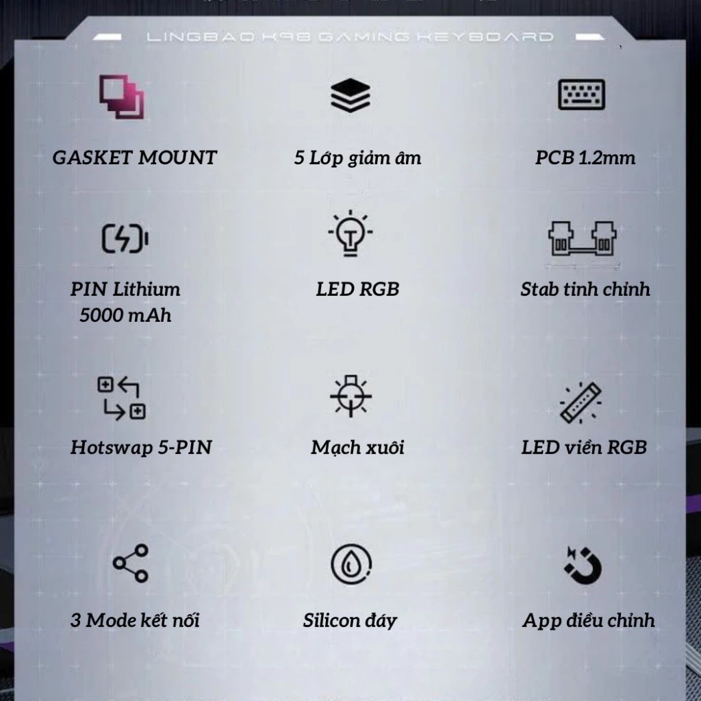 Bàn phím cơ không dây LINGBAO K98/ K98 PRO - Mạch xuôi - LED RGB - Thiết kế 2U0 | BigBuy360 - bigbuy360.vn