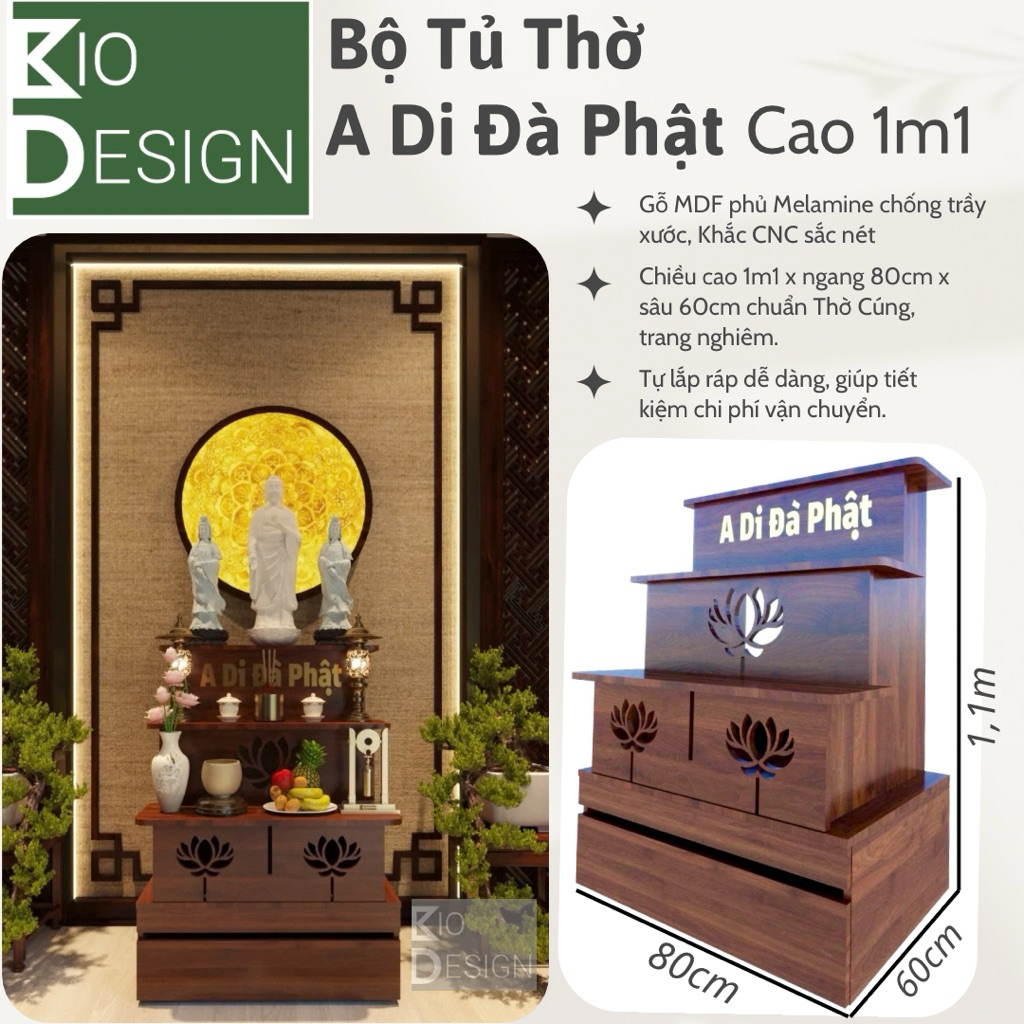 BỘ TỦ THỜ A Di Đà Phật by KiO- Design Cao 1,1Mét Khắc Hoa Sen Cao Cấp- Trang Nghiêm