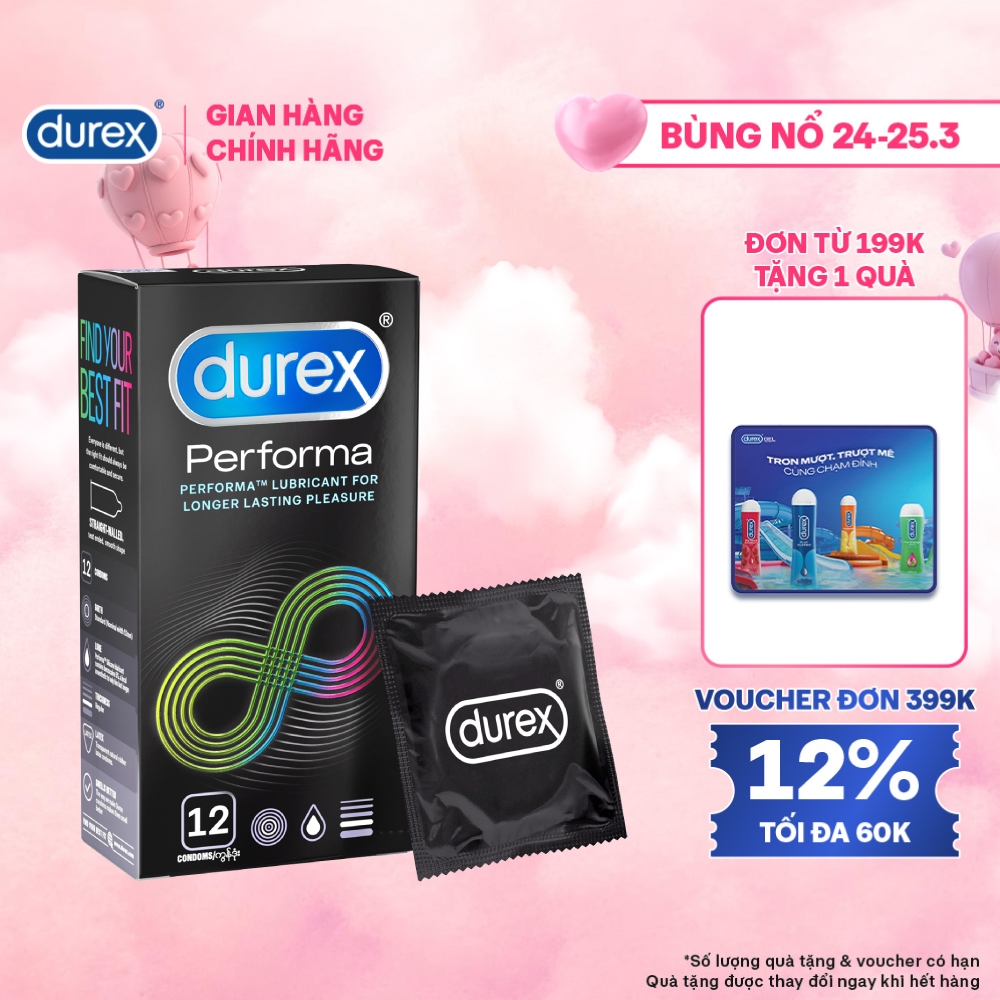 Bao cao su Durex Performa kéo dài thời gian, size 52mm, hộp 12 bao