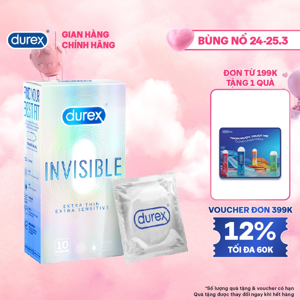 Bao cao su Durex Invisible siêu mỏng, size 52mm, hộp 10 bao