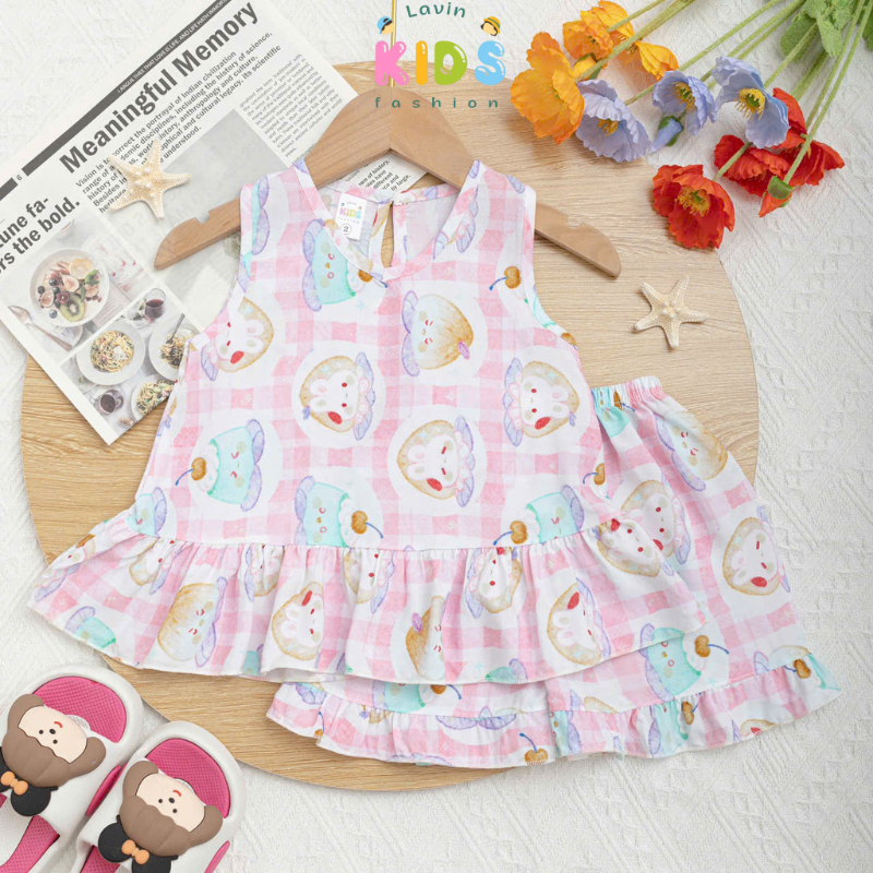 Bộ lanh bé gái sát nách cổ tim Lavin Kids 6-15kg vải mềm mịn, thoáng mát, ít co rút