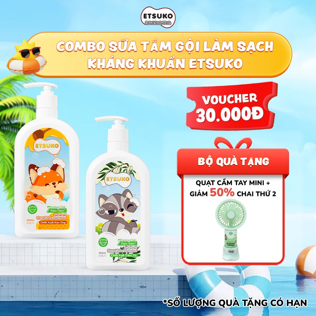 [NEW] Combo 2 Chai Tắm Gội Làm Sạch Kháng Khuẩn Chiết Xuất Tràm Trà & Chiết Xuất Keo Ong ETSUKO 600m