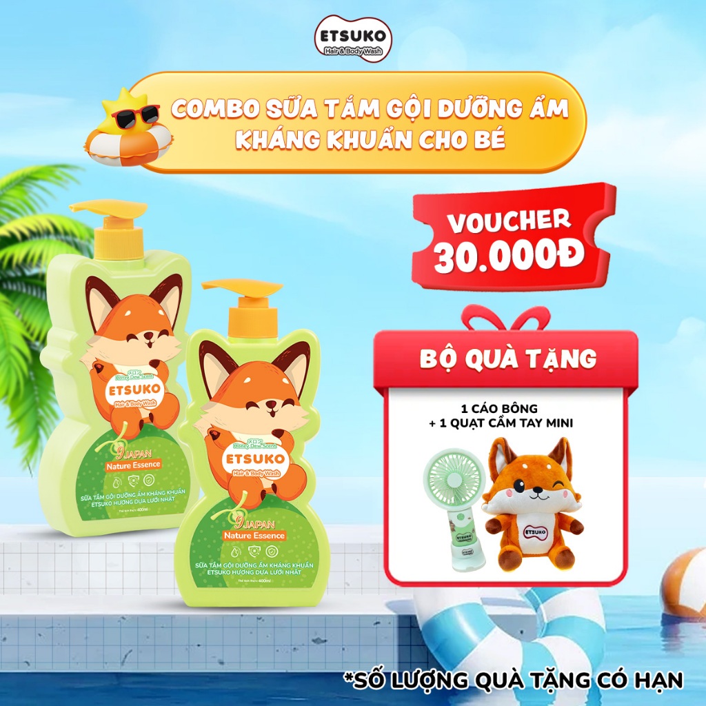 Combo 2 Chai Tắm Gội Cho Bé ETSUKO Nhật 400ml Dưỡng Ẩm Dịu Nhẹ Kháng Khuẩn Bảo Vệ Cho Bé, An Toàn Ch