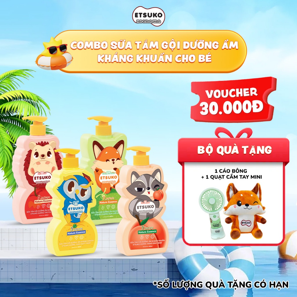 Combo 3 Chai Tắm Gội Cho Bé ETSUKO Nhật 400ml Dưỡng Ẩm Dịu Nhẹ Kháng Khuẩn Bảo Vệ, An Toàn Cho Bé