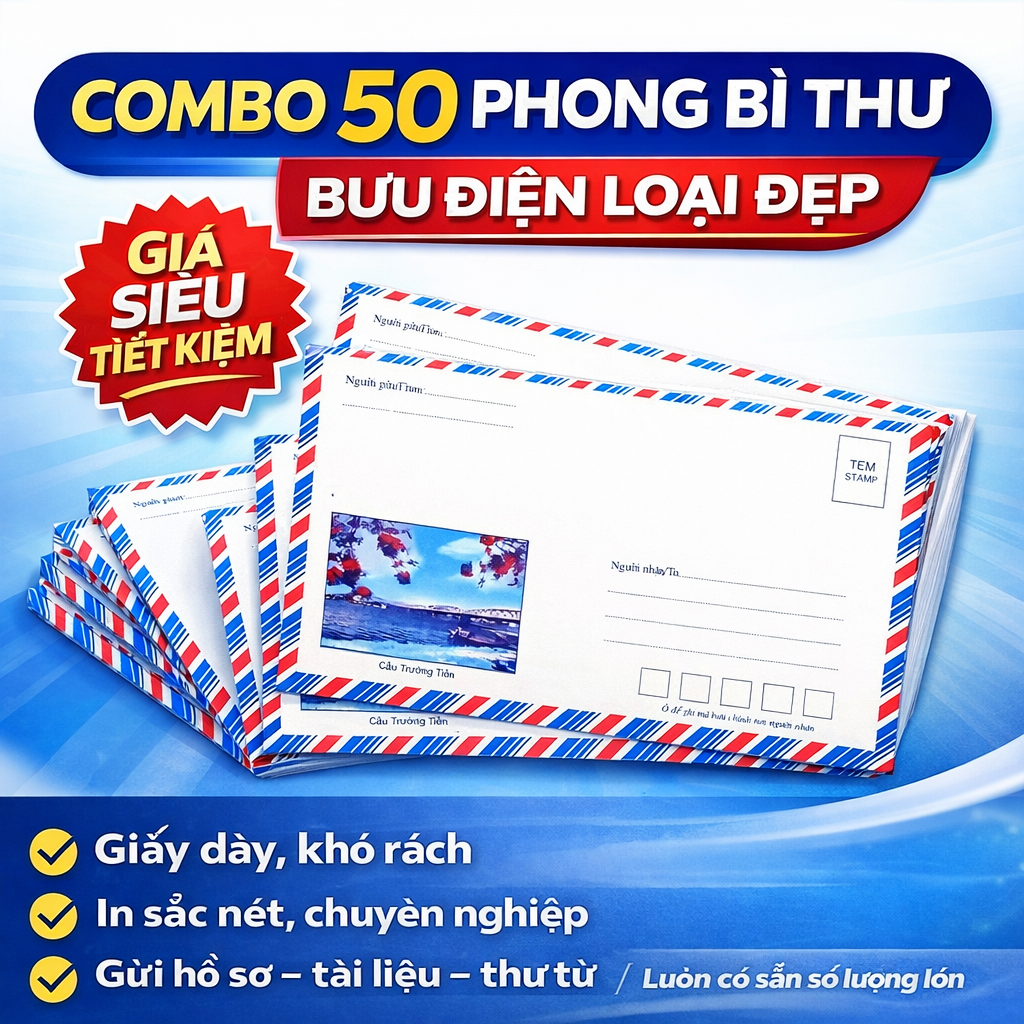 Mua bộ 50 phong bì thư bưu điện đẹp, chất lượng cao cho mọi nhu cầu gửi thư.