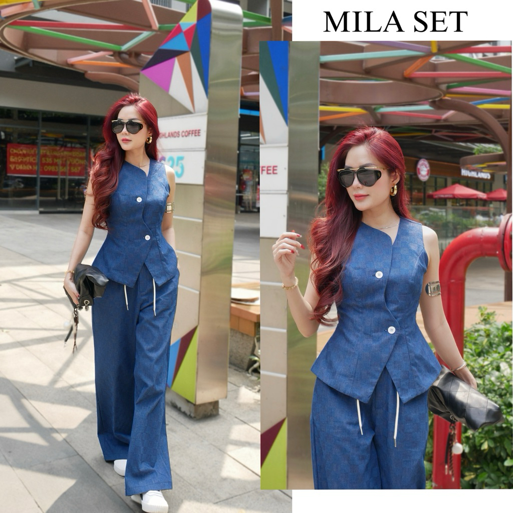 MILA SET- Set áo ghile và quần jean suông thiết kế- ELVES DESIGN