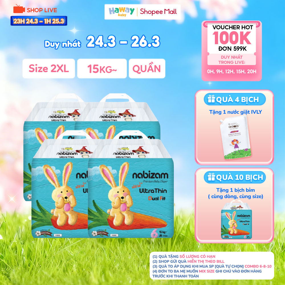 Combo 4 Tã Bỉm Quần Nabizam Ultra Thin 2XL22 Chính Hãng Hàn Quốc, 15-20kg, 22 Miếng Thấm Hút Vượt Tr