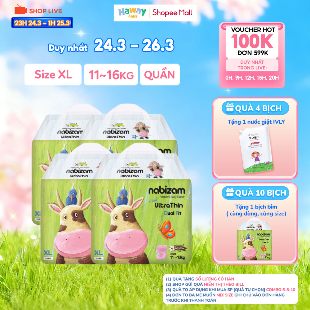 Combo 4 Tã Bỉm Quần Nabizam UltraThin Size XL26 miếng từ 12kg, Nội Địa Hàn, Mỏng Nhẹ Chống Hăm, Chốn