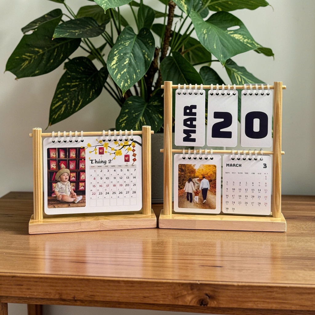 Lịch để bàn 2026 khung đế gỗ in theo yêu cầu - Quà tặng cho bé, gia đình, người yêu, sinh nhật, cửa hàng, công ty ...