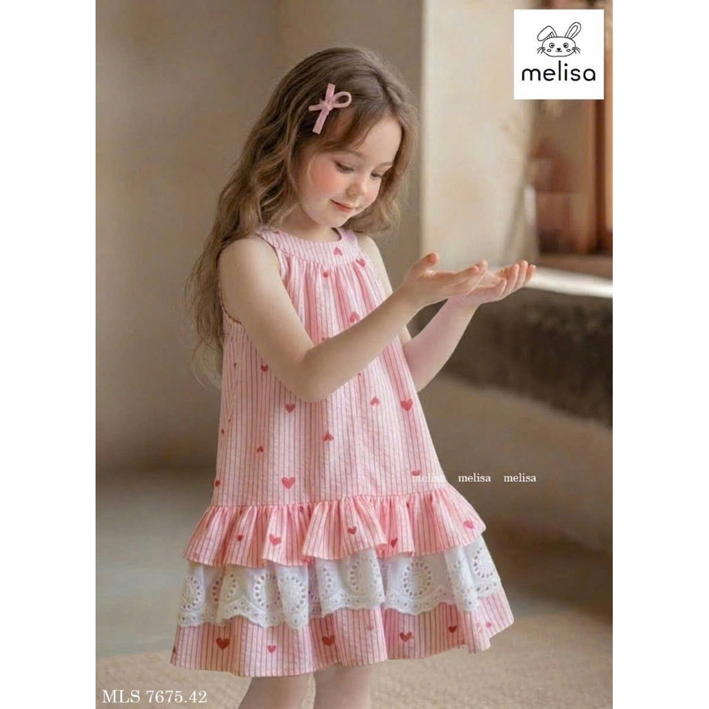 H56 Đầm họa tiết trái tim siêu dễ thương cho bé gái, đầm hồng dịu dàng cho bé gái