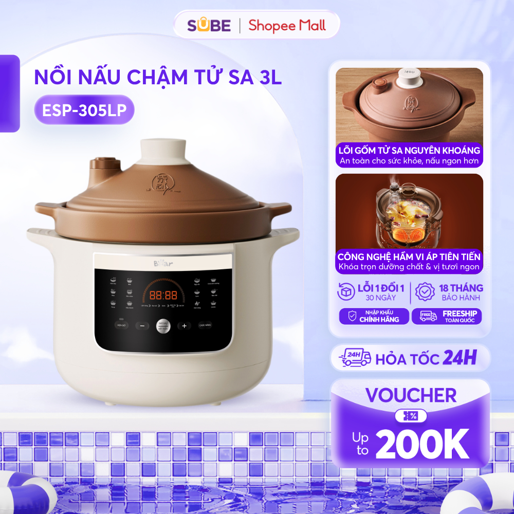 Nồi Nấu Chậm Tử Sa BEAR 3L, Nồi Nấu Cháo Chậm Công Nghệ Vi Áp Tiên Tiến Đa Năng Kho Hầm Ninh Nấu Soup Nấu Chè ESP-305LP